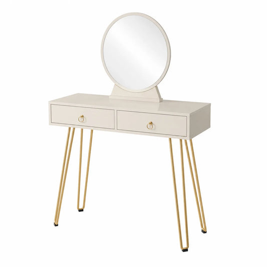 Coiffeuse en MDF avec miroir rond et pieds métalliques dorés Blanc