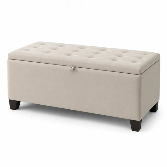 Banc de rangement en polyester beige avec pieds en bois 100x40x45cm