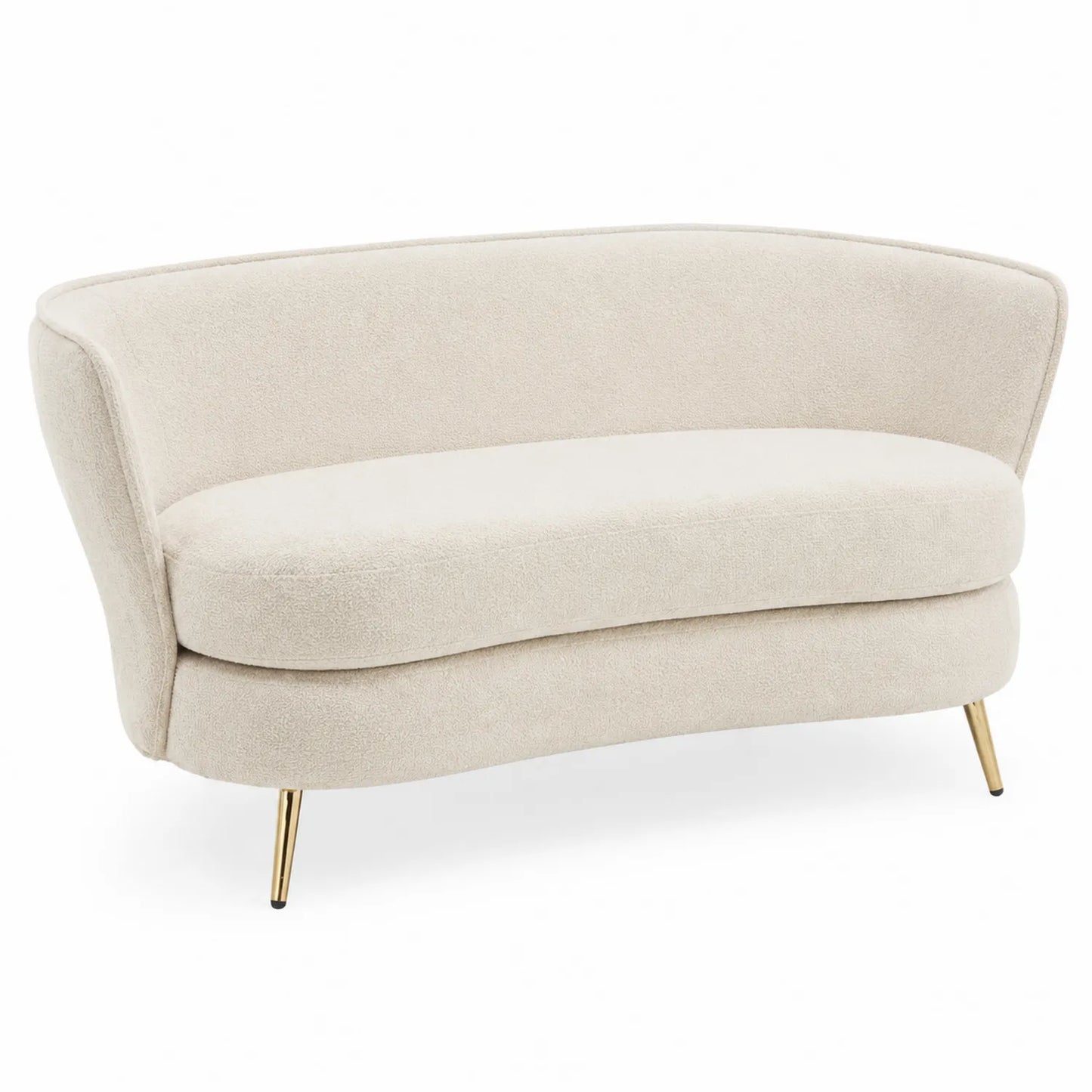 Canapé deux places en tissu beige avec pieds en métal doré