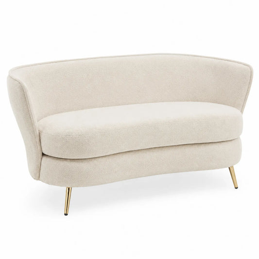Canapé deux places en tissu beige avec pieds en métal doré