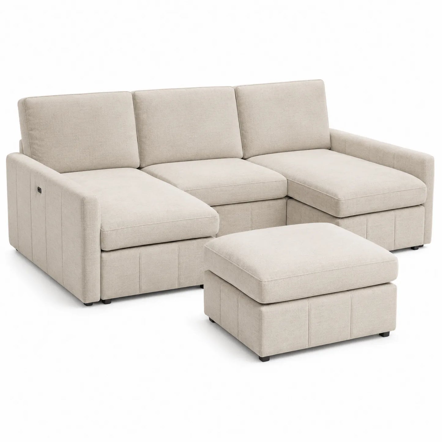 Canapé d'angle modulable en tissu polyester beige 3 places avec ottomane