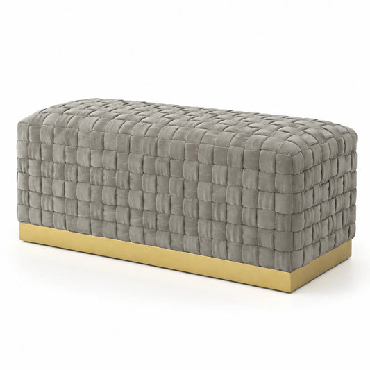Banc rectangulaire en velours gris avec base en métal doré