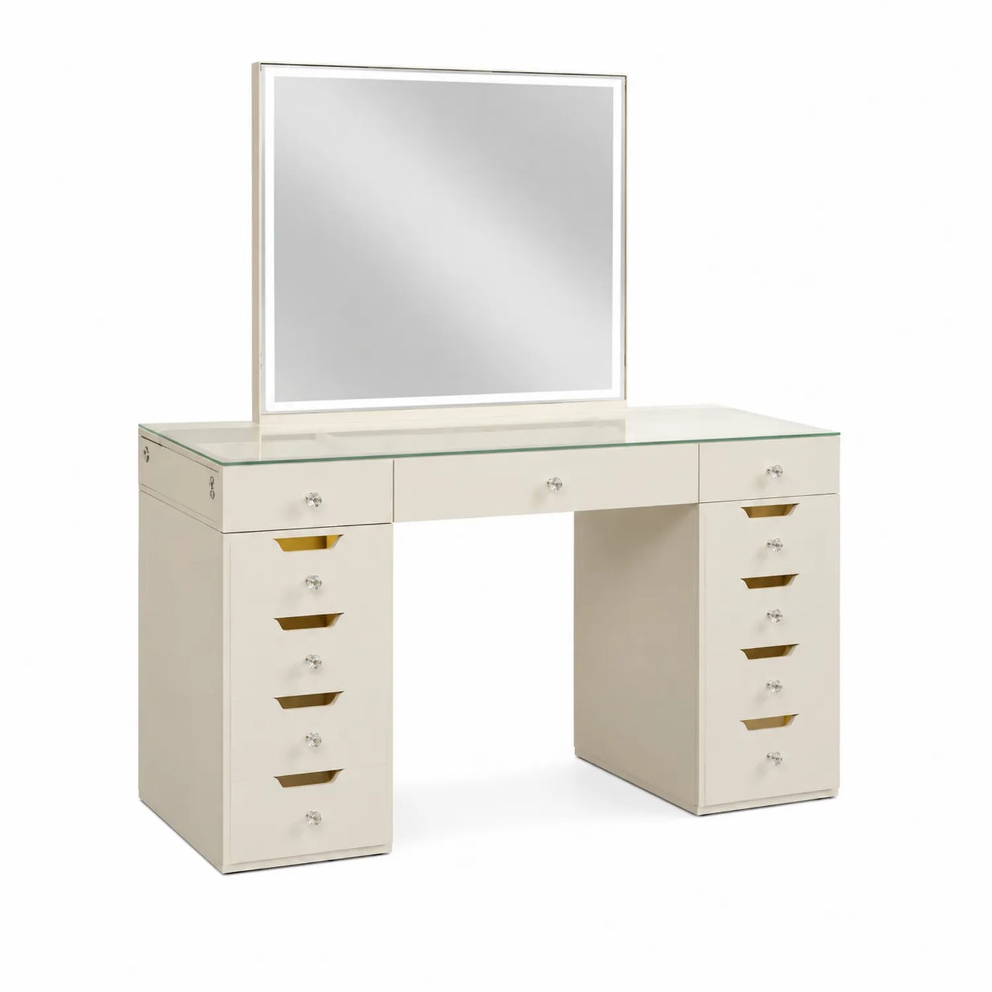 Coiffeuse avec miroir en bois mélaminé et verre trempé beige