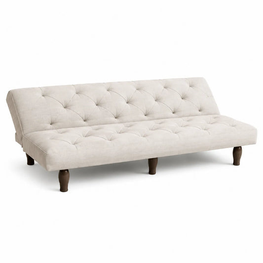Canapé convertible en tissu beige avec pieds en bois