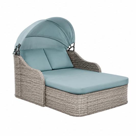 Lit de jardin en rotin avec auvent réglable et coussins bleu